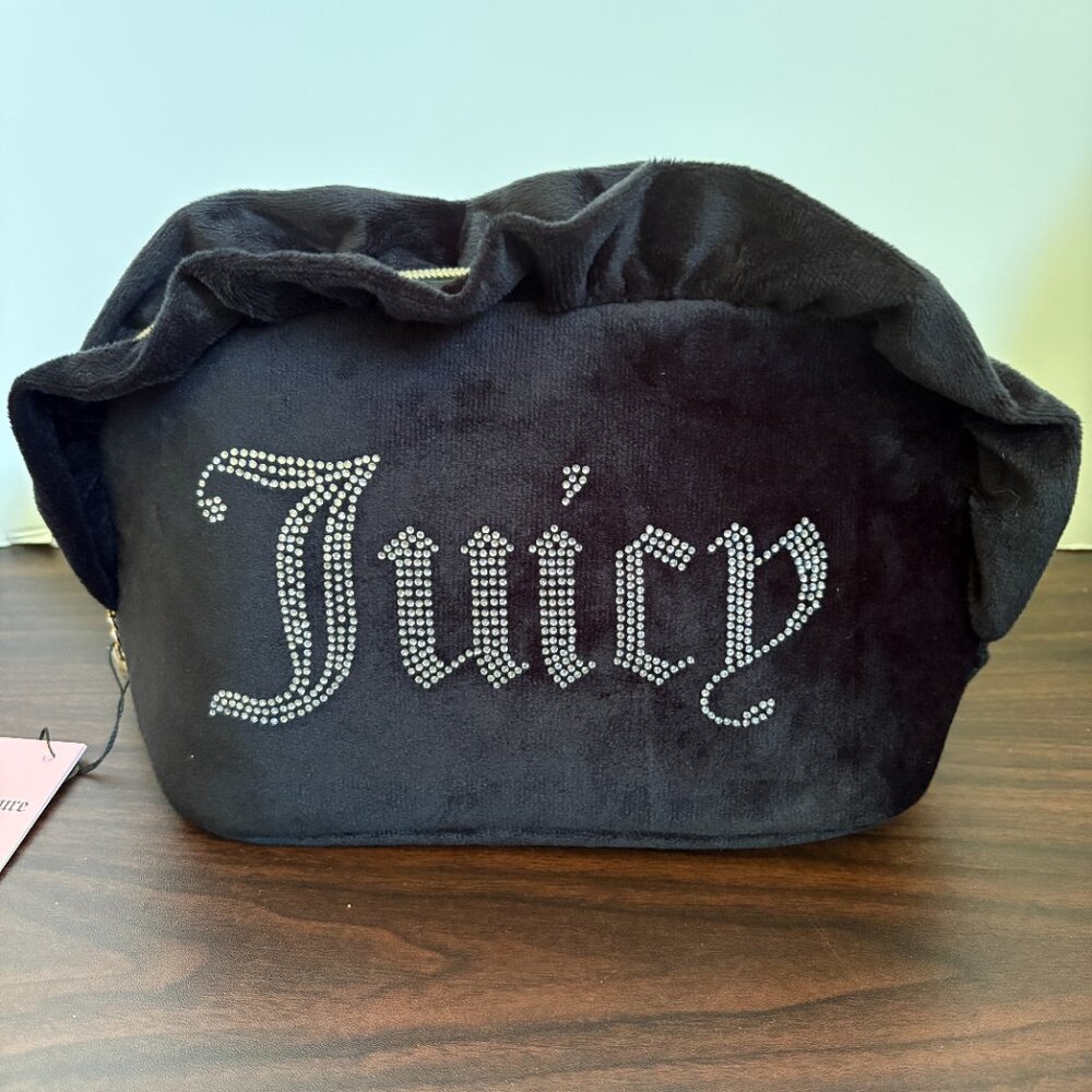 Juicy Couture Black Bag with Rhinestone Logo Travel Cosmetic Bag Y2K Bling Chic